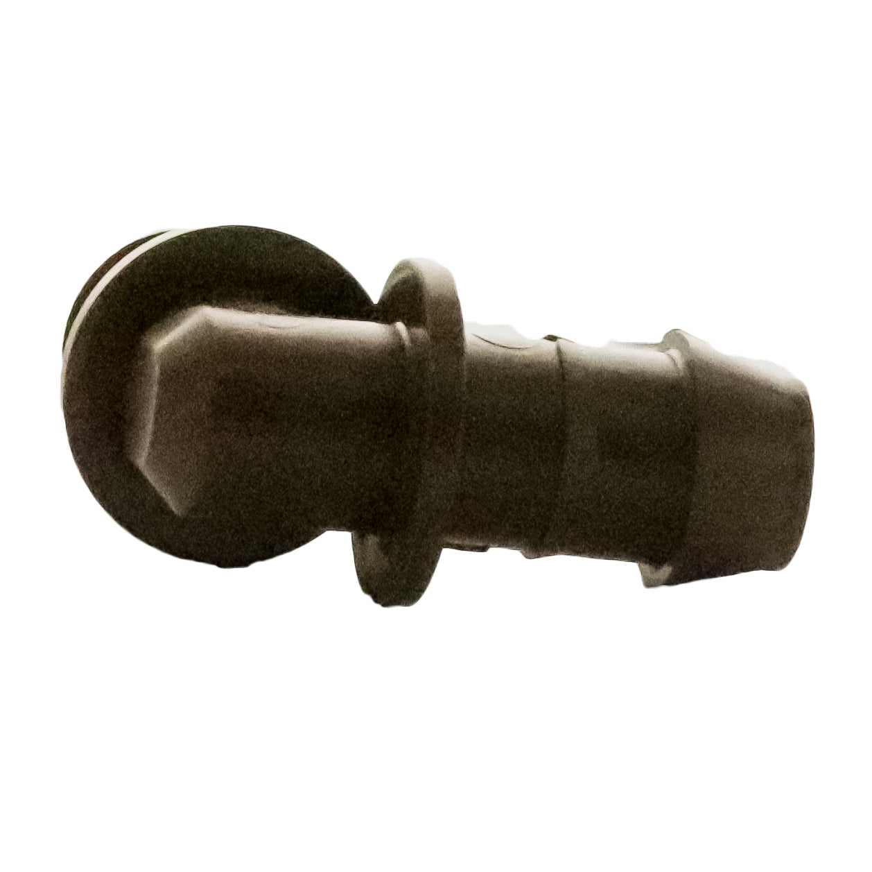Top-down view of Rain Bird XFFELBOW 17mm barb elbow adapter illustrating earth-tone finish and durable UV-resistant plastic construction.