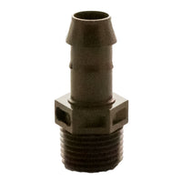 Close-up of Rain Bird XFFMA050 17mm barb to 1/2" MPT male adapter, showing barb geometry and threaded end for secure dripline connection.