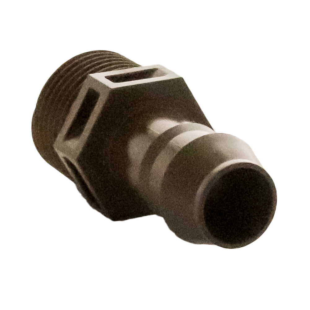 Threaded end detail of Rain Bird XFFMA050 showing 1/2" MPT male thread and molded plastic finish for manifold attachment.