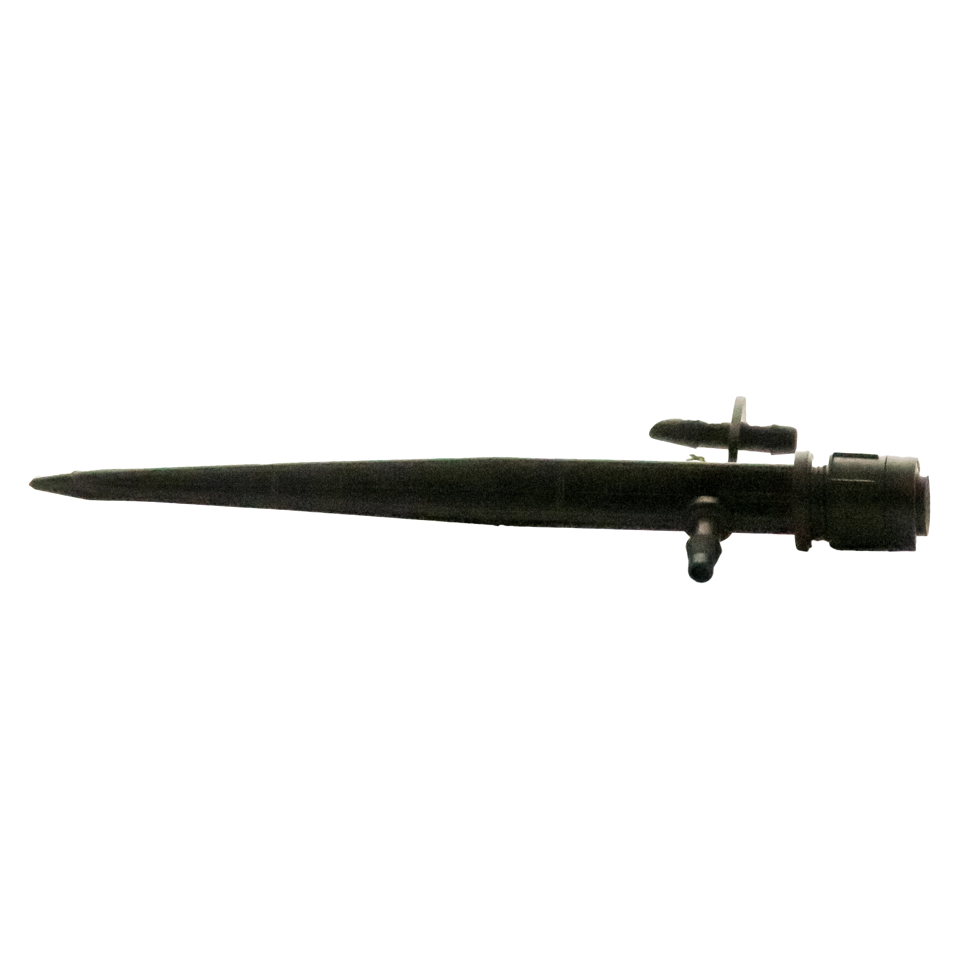 Side view of XS360TSPYK Xeri-Spray 360 True Spray on a 5-inch spike, highlighting the spray nozzle, outer cap and spike mounting for landscape installations.