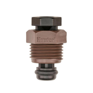 Close-up of Hunter PLD-AVR 1/2-inch air/vacuum relief valve showing 1/2" male threaded connection and corrosion-resistant UV-protected body.