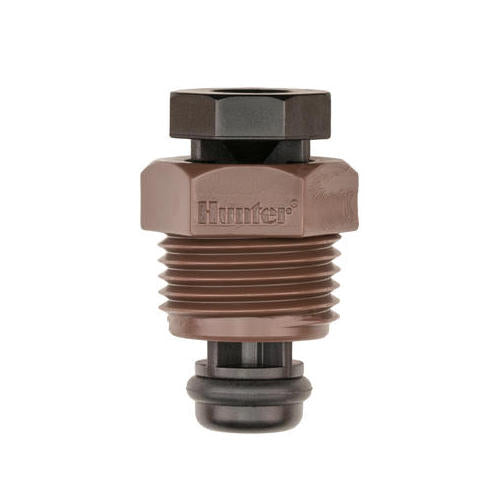 Close-up of Hunter PLD-AVR 1/2-inch air/vacuum relief valve showing 1/2" male threaded connection and corrosion-resistant UV-protected body.
