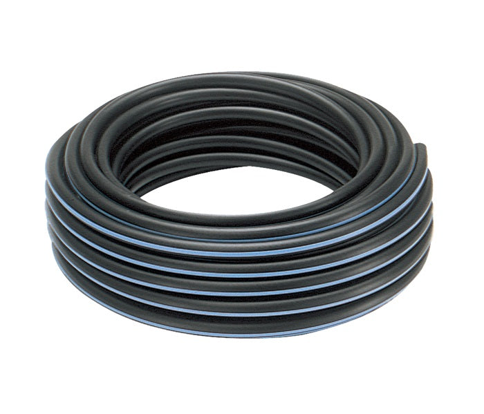 Studio view of Irritrol Super Blue Flex 1/2-inch swing pipe coiled, showing blue stripe and tubing texture for identification and size reference.