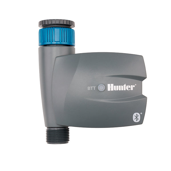 Front view of Hunter BTT-100 Bluetooth tap timer showing ¾-inch hose thread inlet and compact weatherproof housing for outdoor use.