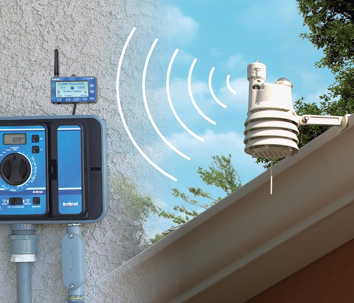 Close-up of CL-100 transmitter showing solar sensor, rain inlet and mounting bracket for outdoor installation.