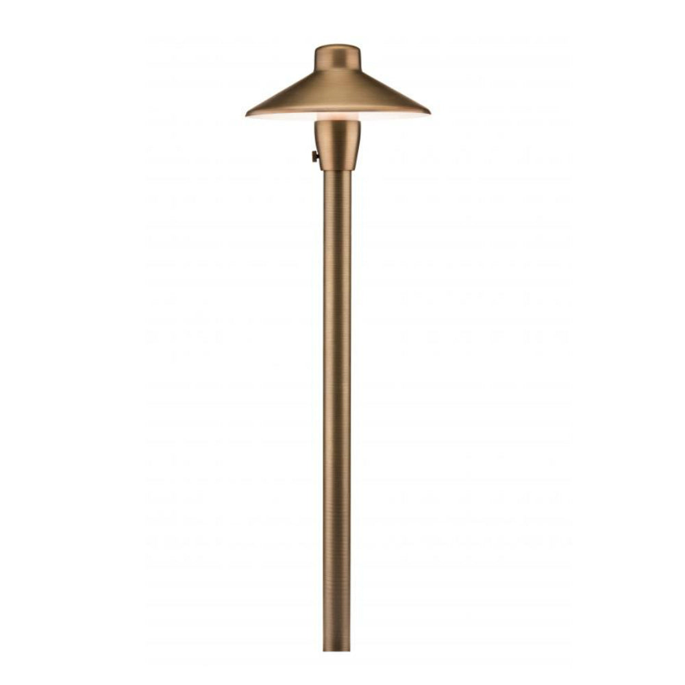Angled product view of the CPL7 path light in antique bronze showing the 18-inch riser, compact midgrade brass body, lamp head and finish details for landscape use.
