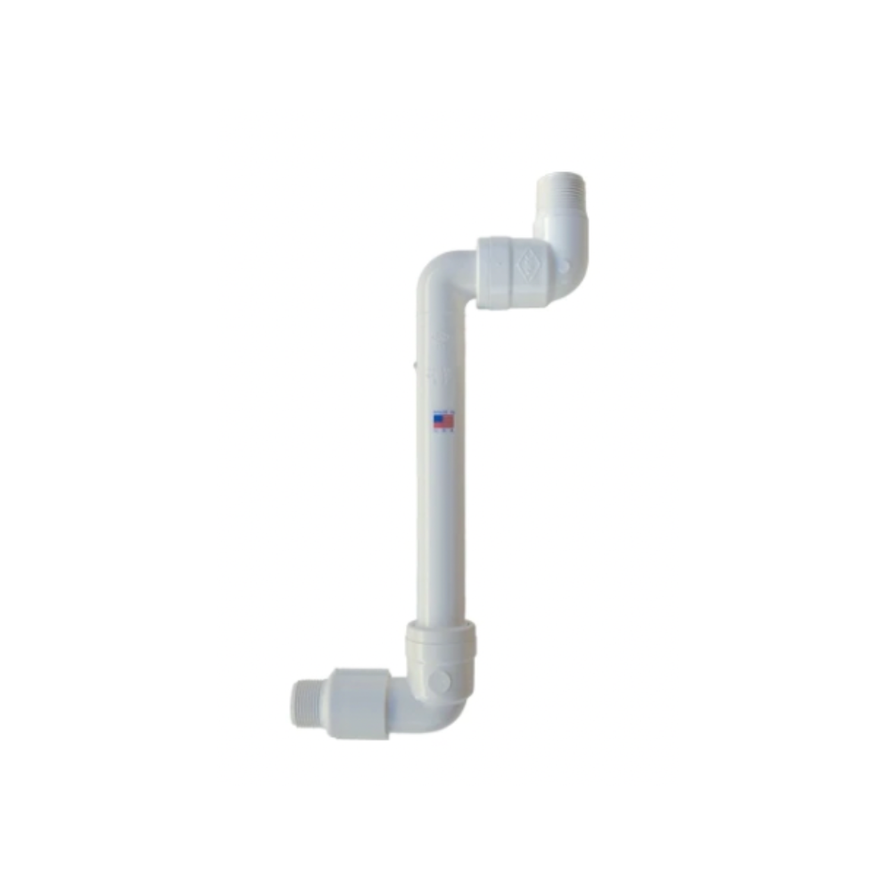 DURA 1-A1-3-1-12 unibody 1" swing joint, 12" lay length, 1" MIPT connections; molded PVC body shown from side angle.