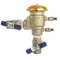 Front view of Febco 765 1-inch bronze pressure vacuum breaker with integral ball valve, visible test cocks, and inlet/outlet connections.