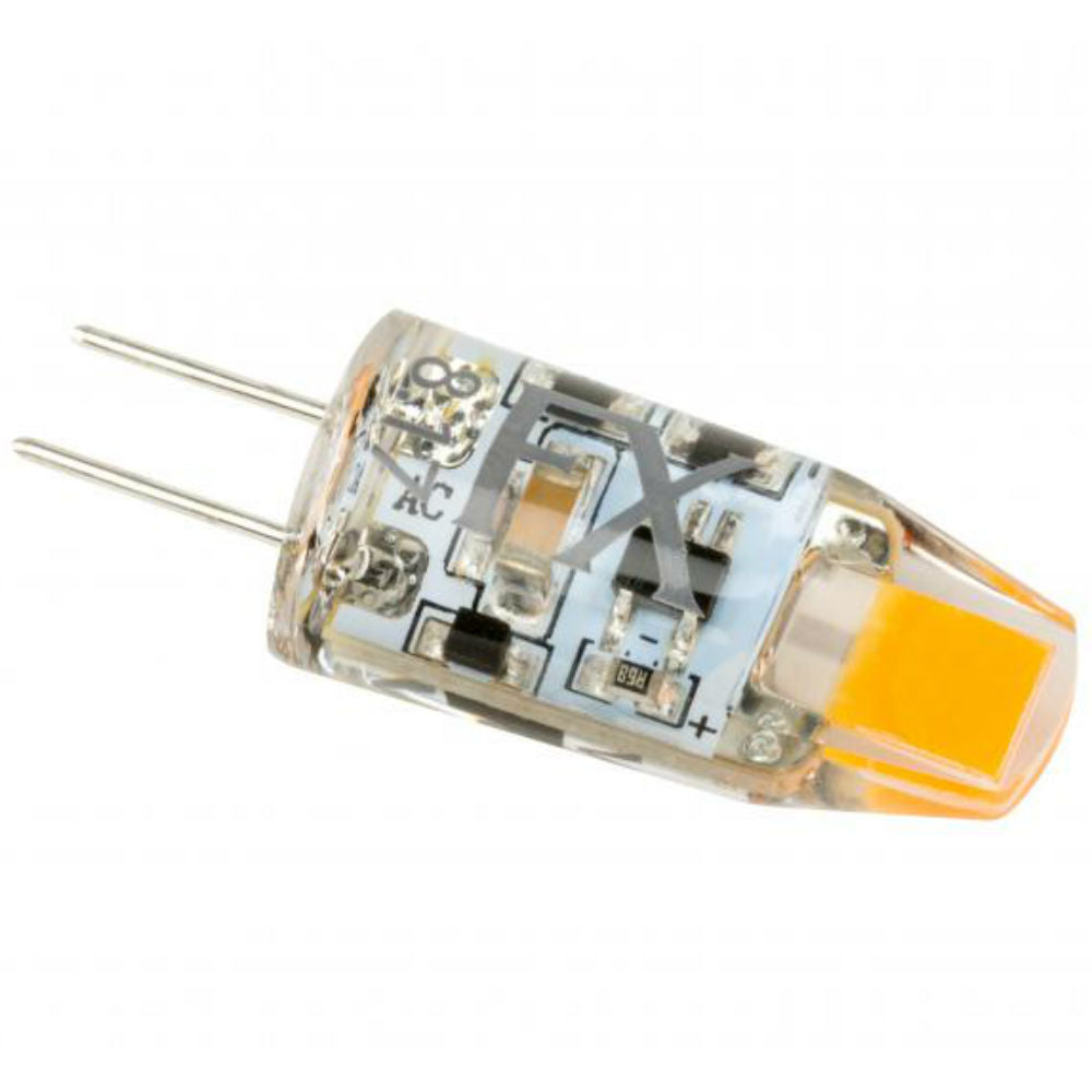 FX Luminaire G4LED10W T3 G4 bi-pin LED lamp on white background, clear silicone capsule, visible bi-pin base and compact bulb profile.