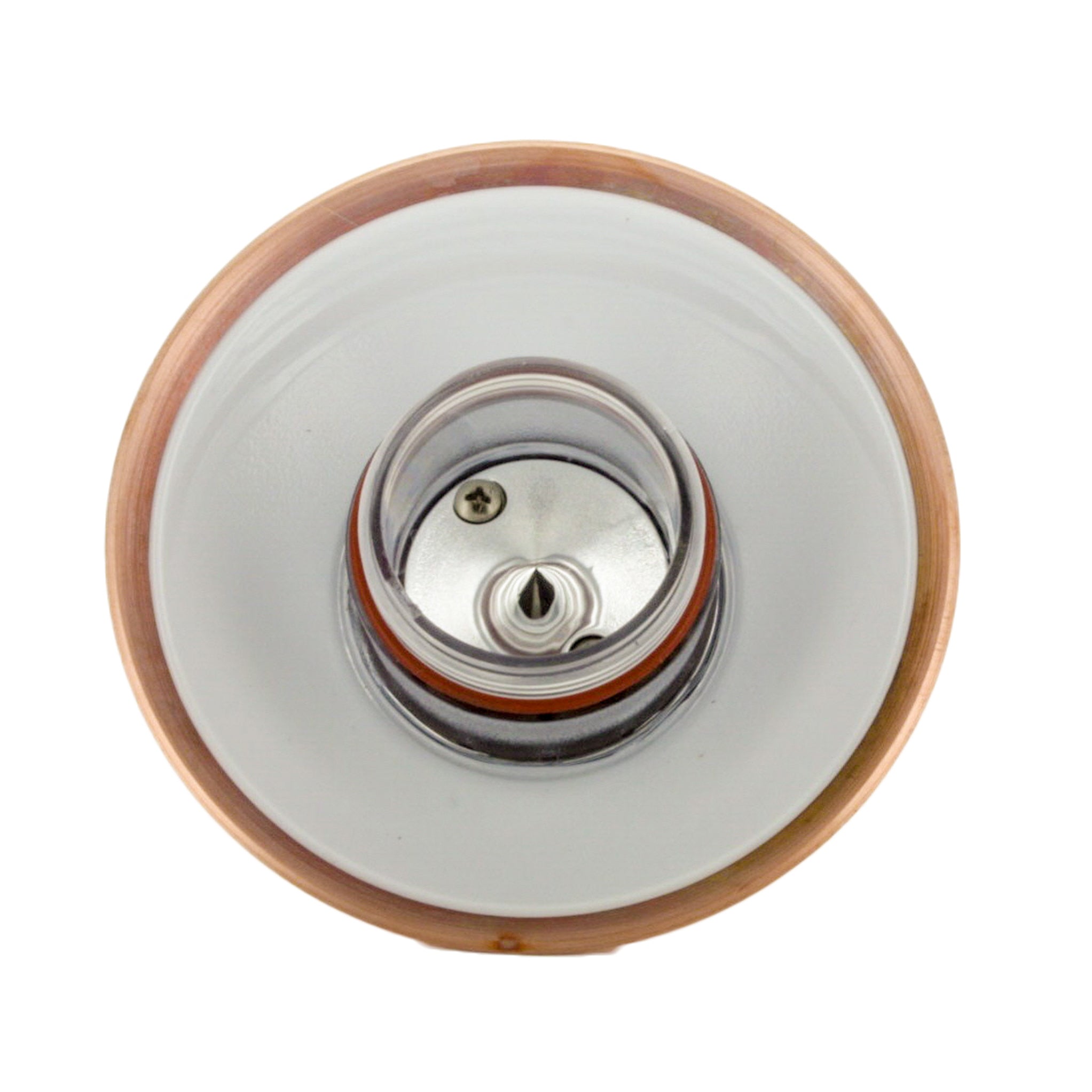 Side view of copper HC LED top assembly showing mounting flange and slim hat profile for unobtrusive pathway placement and durable finish.