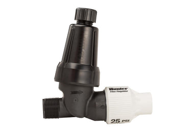 Front view of Hunter HFR-100-075-40 filter with integrated 40 PSI regulator; 1" NPT inlet × 3/4" NPT outlet; 150-mesh stainless screen.