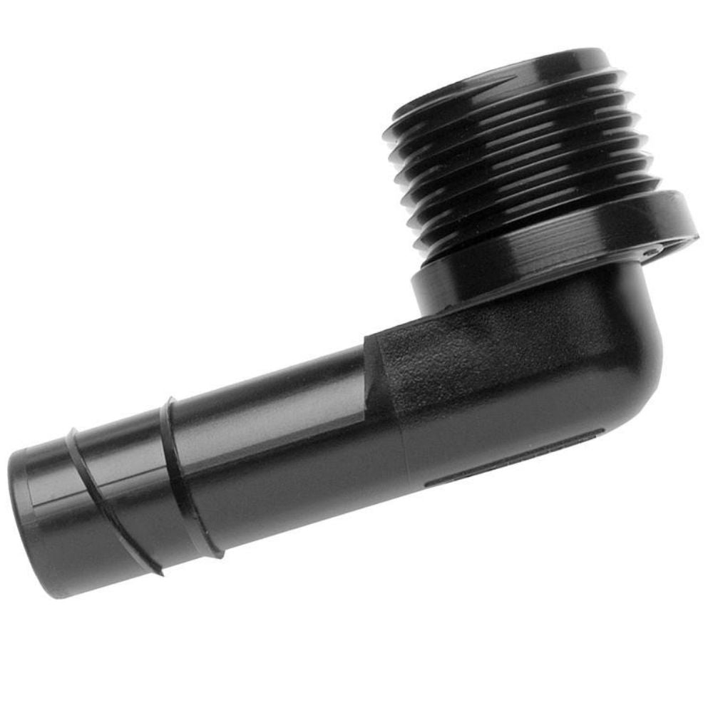 Hunter HSBE-050 1/2-inch male thread to spiral poly barb elbow fitting on white background, showing spiral barb profile and flat thread-stop features.