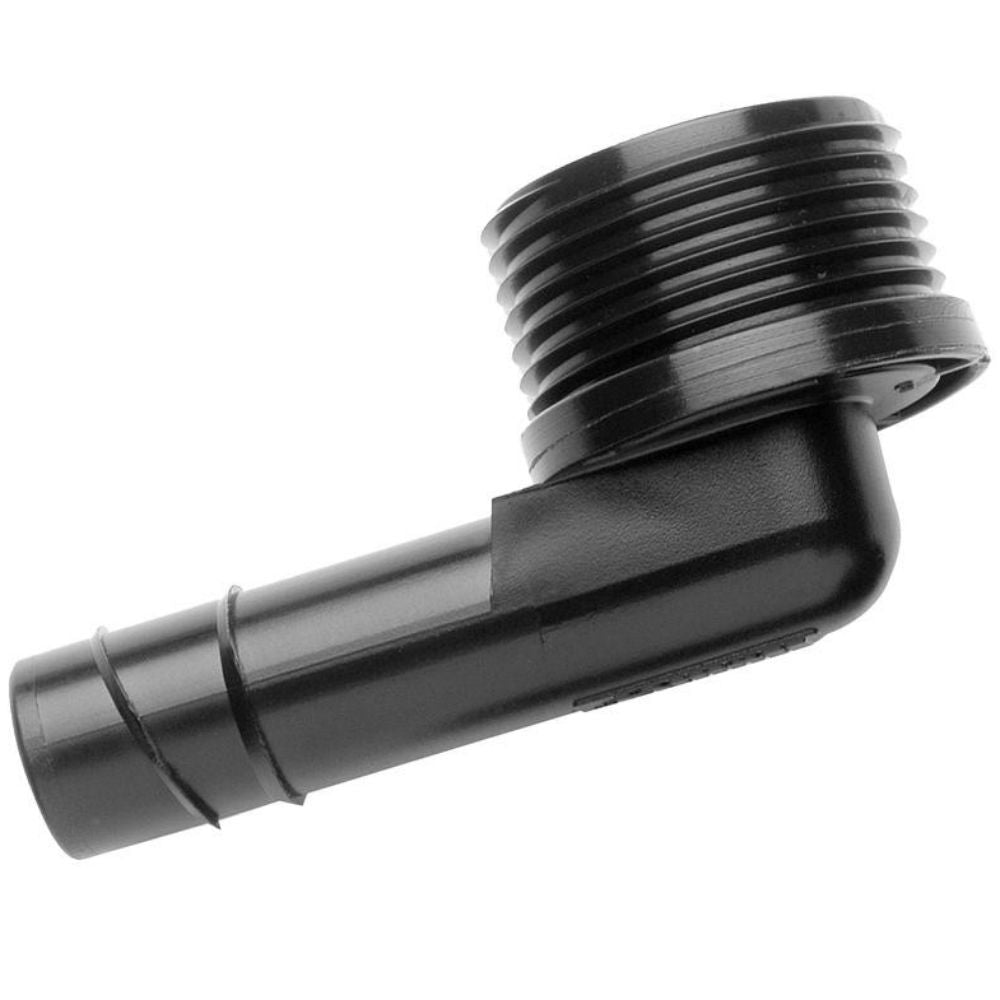 Hunter HSBE-075 3/4-inch MPT to insert spiral poly barb elbow, angled view showing spiral barb and flat thread-stop for irrigation tubing connections.