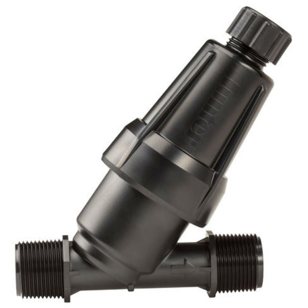 Hunter HY-100 Wye strainer product photo showing 1-inch body and 150-mesh stainless steel filter screen.