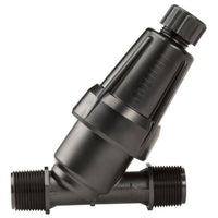 Hunter HY-100 Wye strainer product photo showing 1-inch body and 150-mesh stainless steel filter screen.