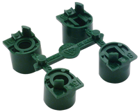 Close-up of Hunter 444800 green high-flow nozzle rack with four interchangeable nozzle tips shown in assembled positions for PGP Ultra and I-20 rotors.