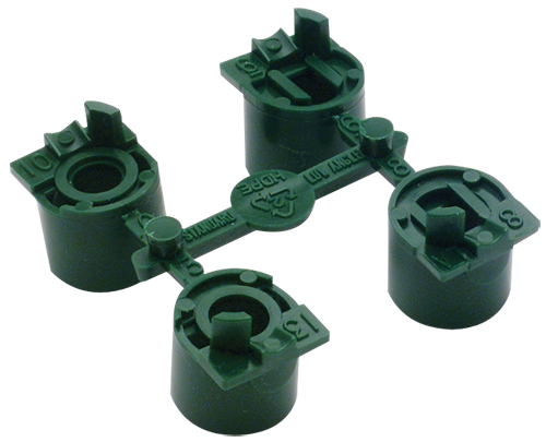 Close-up of Hunter 444800 green high-flow nozzle rack with four interchangeable nozzle tips shown in assembled positions for PGP Ultra and I-20 rotors.