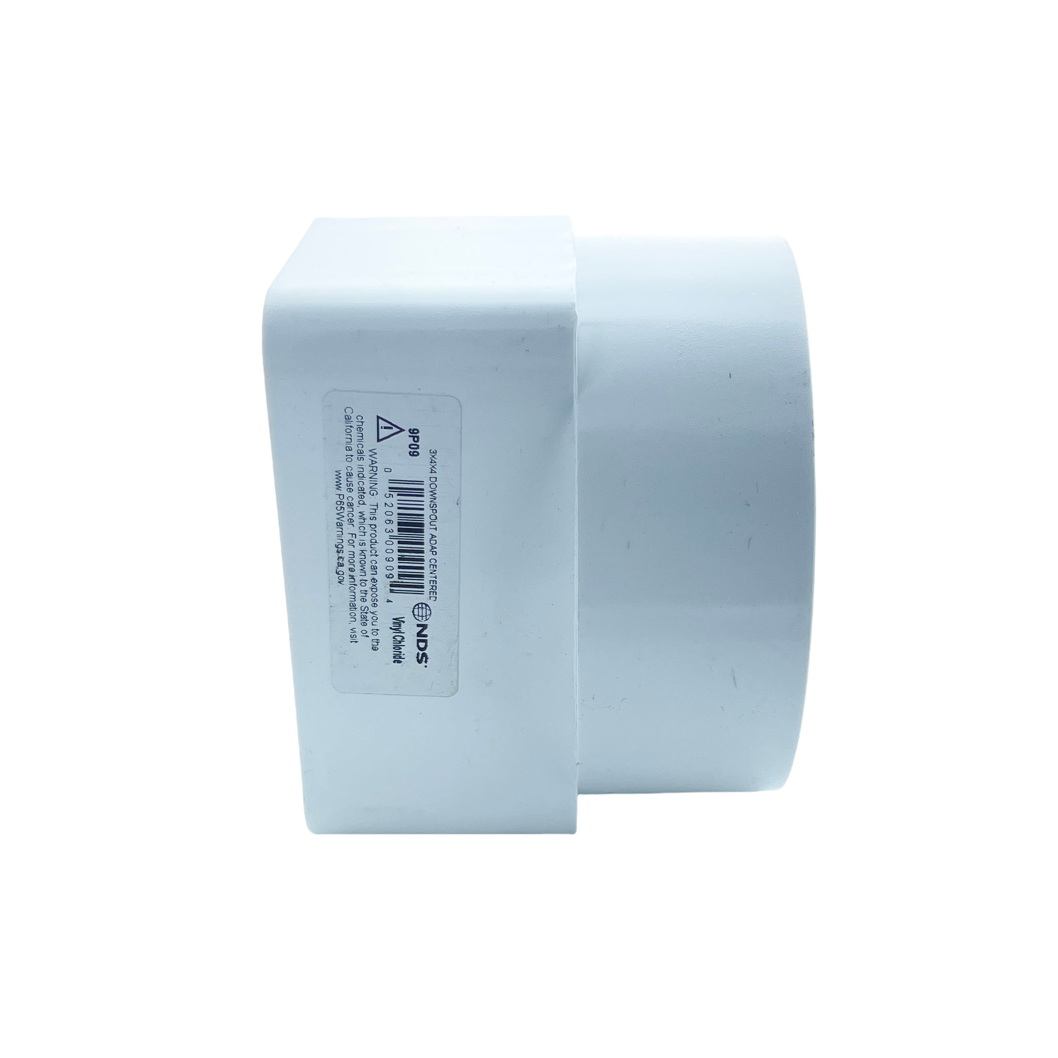 Perspective image of NDS 9P09 downspout adapter in white PVC, illustrating overall shape and centered downspout alignment.