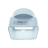 Side angle of NDS 9P09 PVC adapter highlighting hub socket and downspout inlet, white Schedule 40 PVC construction.
