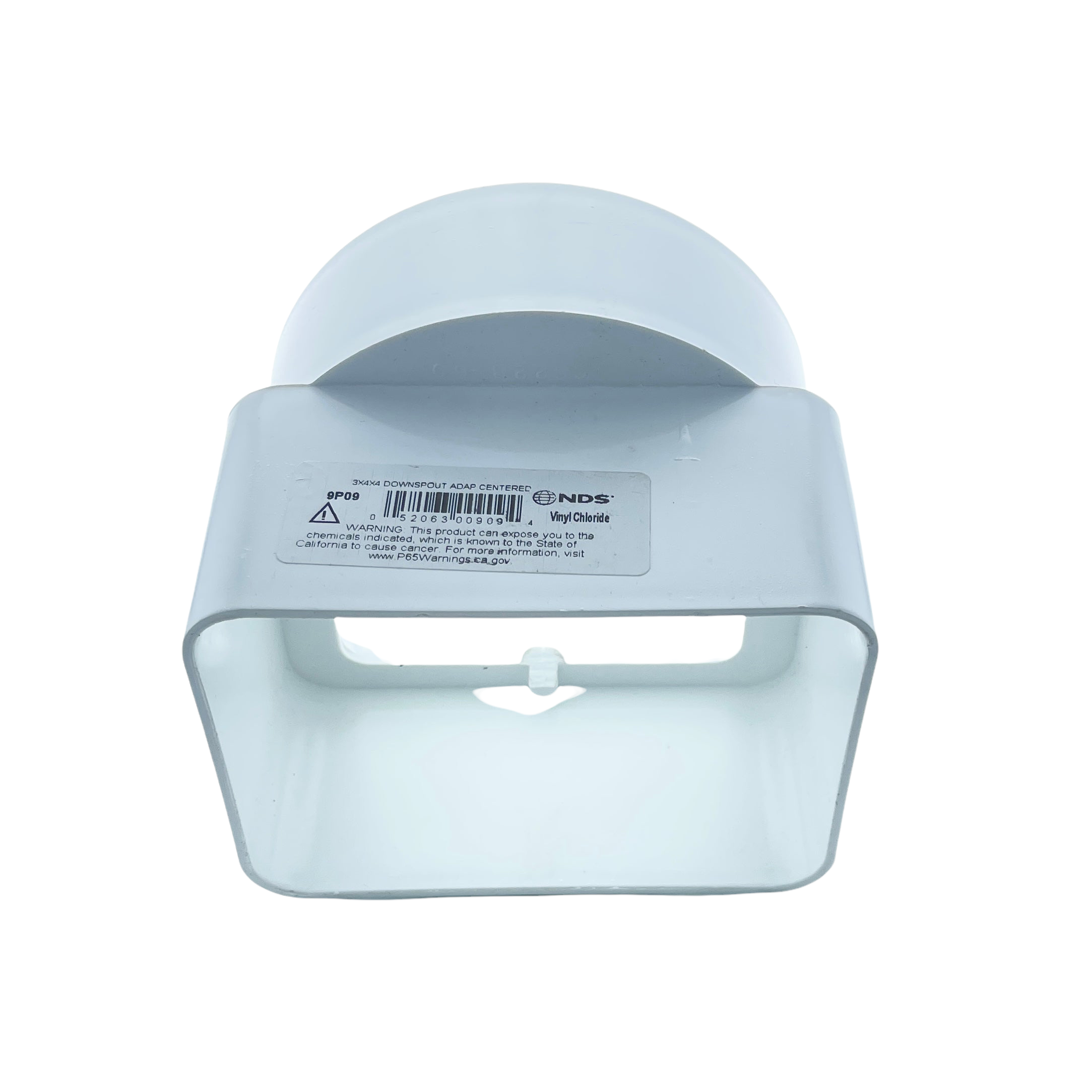 Side angle of NDS 9P09 PVC adapter highlighting hub socket and downspout inlet, white Schedule 40 PVC construction.