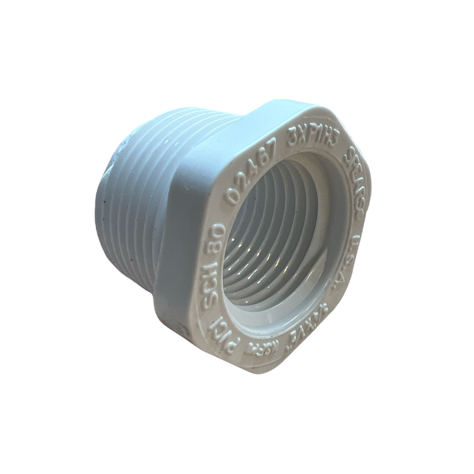 White Schedule 40 PVC threaded reducer bushing showing male and female threads, 3/4" to 1/2" (MIPT x FIPT), full-profile on white background