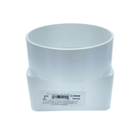 Front view of NDS 9P09 white PVC downspout adapter showing centered hub end and downspout connection, nominal 3x4x4.