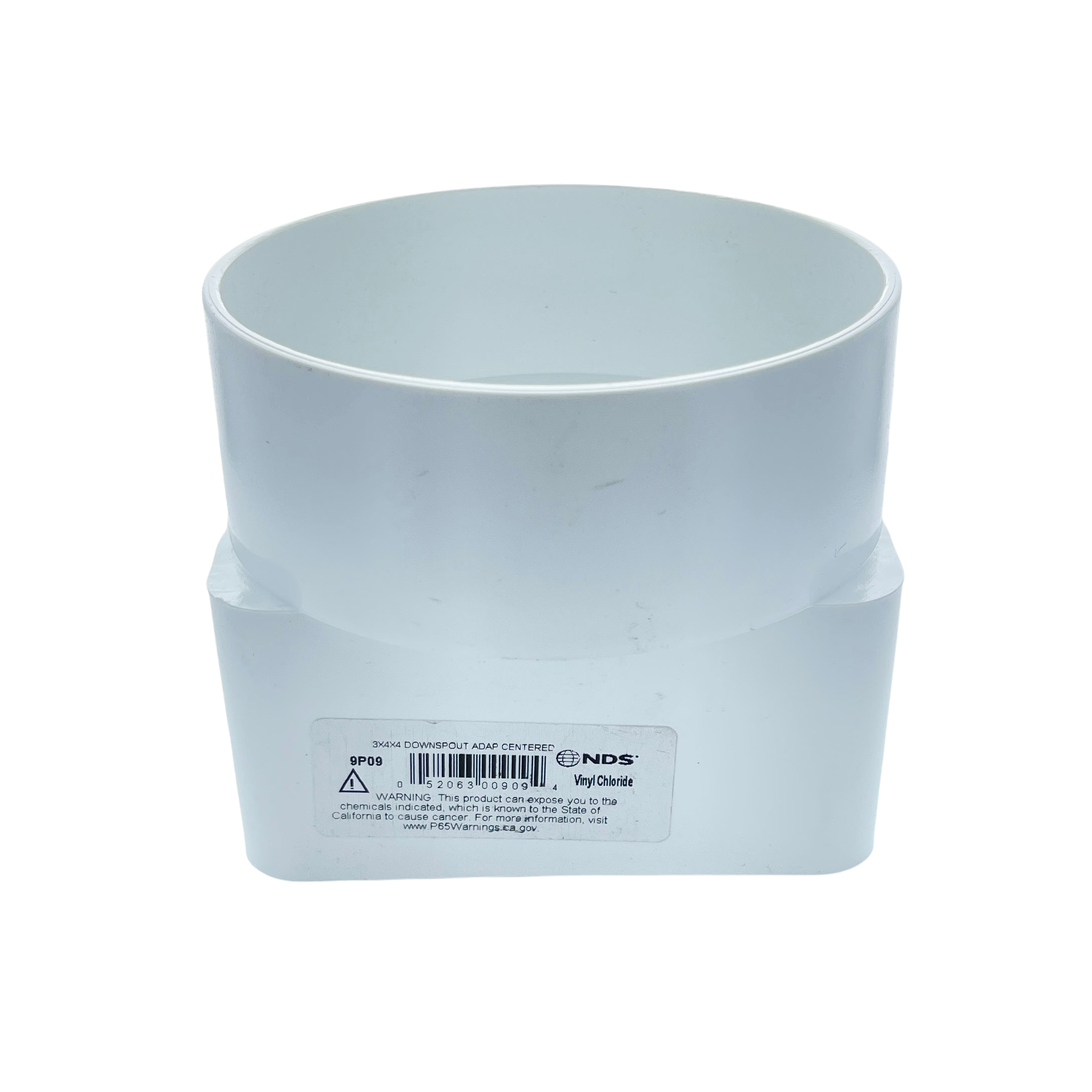 Front view of NDS 9P09 white PVC downspout adapter showing centered hub end and downspout connection, nominal 3x4x4.