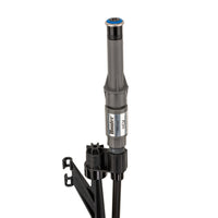 Close view of the MP Stake kit plumbing: 0.345-inch polyethylene tubing connected to a ½-inch male threaded fitting and PROS-00-PRS40 pressure-regulated adapter.