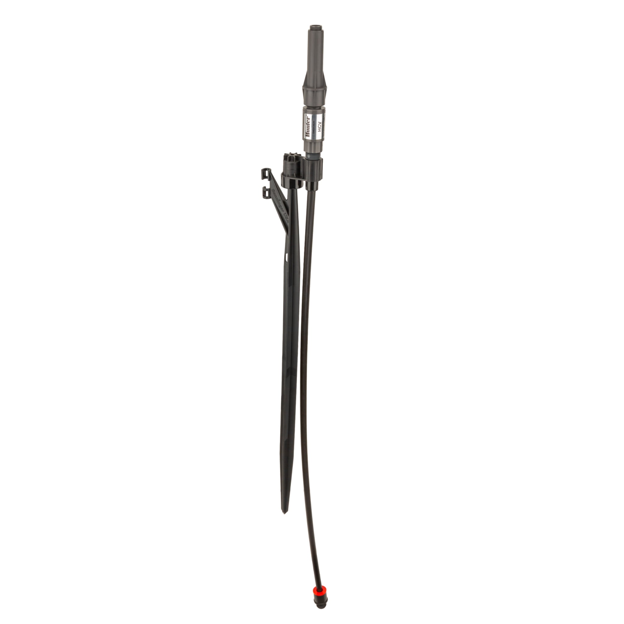 Hunter MP Rotator preassembled stake kit shown assembled with 26-inch stake, tubing and ½-inch male fitting, PROS-00-PRS40 adapter and HCV check valve visible.