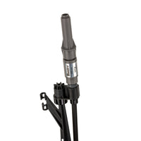Detail of the Hunter HCV check valve and pressure-regulated shrub adapter on the MP stake assembly, showing durable plastic components and connection points.