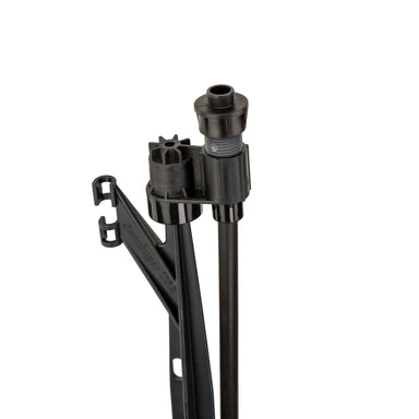 Front view of Hunter MP-STAKE 26-inch irrigation spray stake showing tubing connection and PROS-00 adapter for shrub sprays.