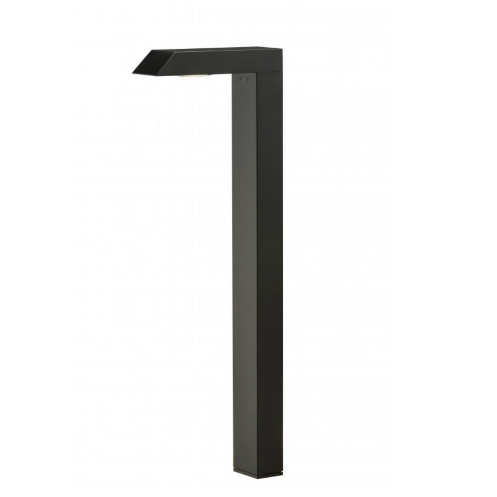 FX Luminaire M-PL modern path light in flat black finish, side profile on short riser showing integrated 2W LED and slim contemporary silhouette.