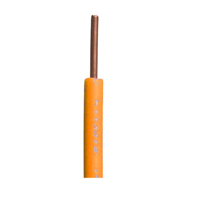 Coiled bright orange 14 AWG single-conductor irrigation wire on a spool, showing orange CPE jacket and gauge marking for identification and burial.