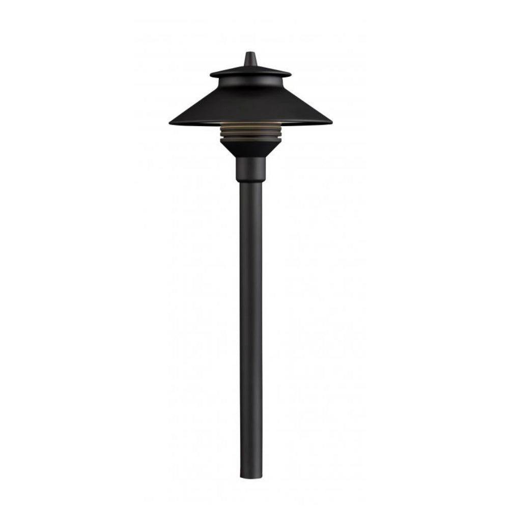 Flat black FX Luminaire PL path light with 12-inch riser shown in a clipped product photo on white background, highlighting finish and profile.