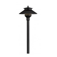 Flat black FX Luminaire PL path light with 12-inch riser shown in a clipped product photo on white background, highlighting finish and profile.