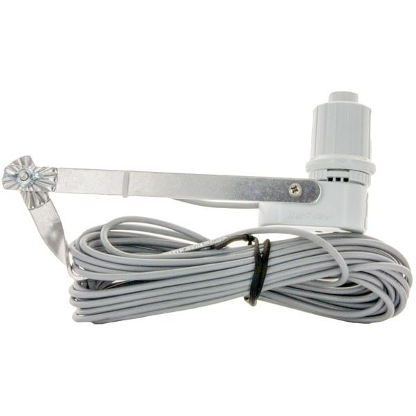 Rain Bird RSDBEX wired rain sensor front view with 5" latching aluminum bracket and visible 25 ft UV-resistant cable, outdoor placement.