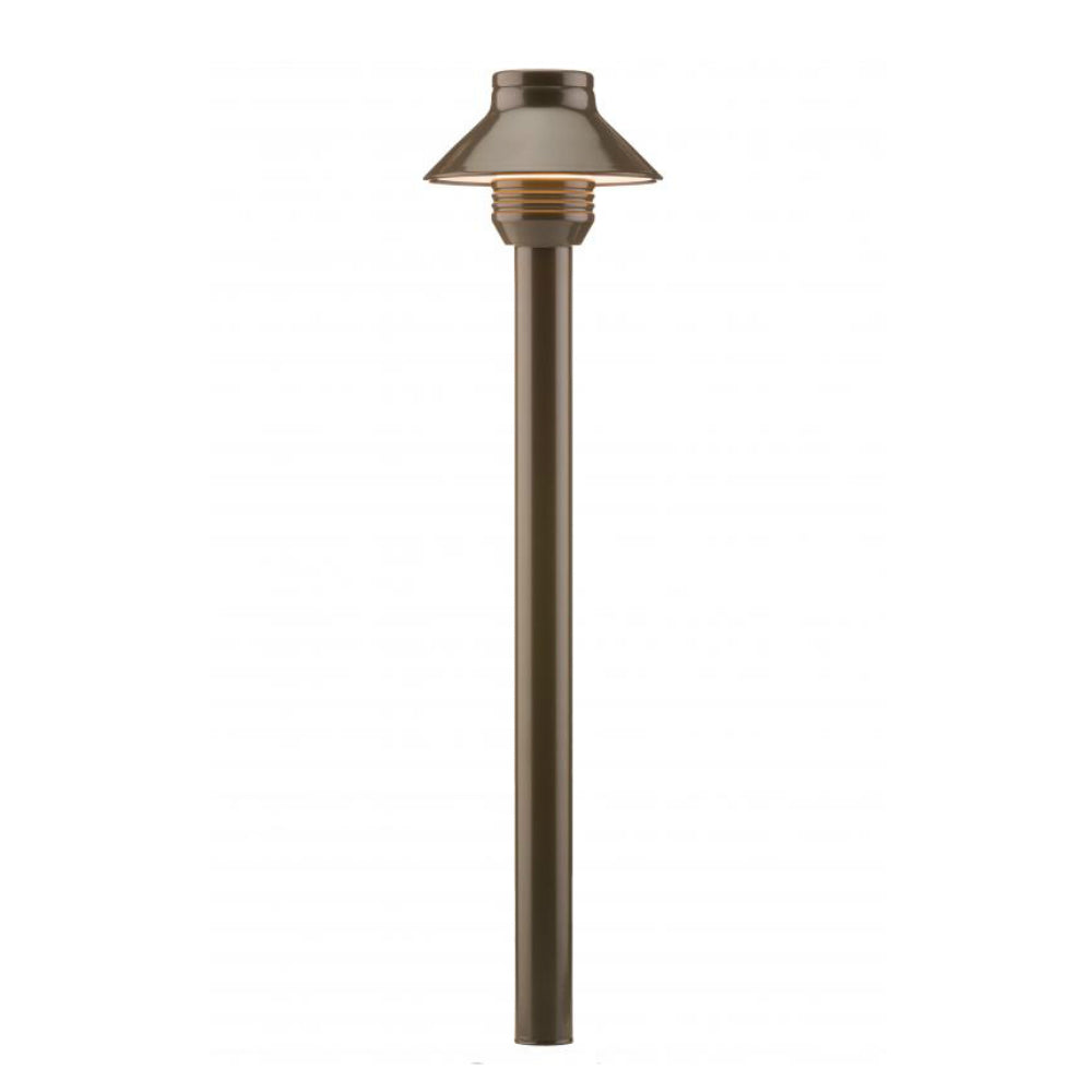 Front view of FX Luminaire SP-A aluminum path light in bronze metallic finish mounted on a 12-inch riser with ground spike.