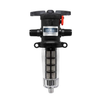 Clear-body Lakos Twist II Clean spin-down filter with 1-inch NPT fittings and visible 60-mesh stainless steel screen inside