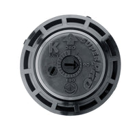 Close-up of K-Rain SuperPro 10003 nozzle turret and adjustment markings, illustrating easy arc set, rubber cover, and nozzle rack.