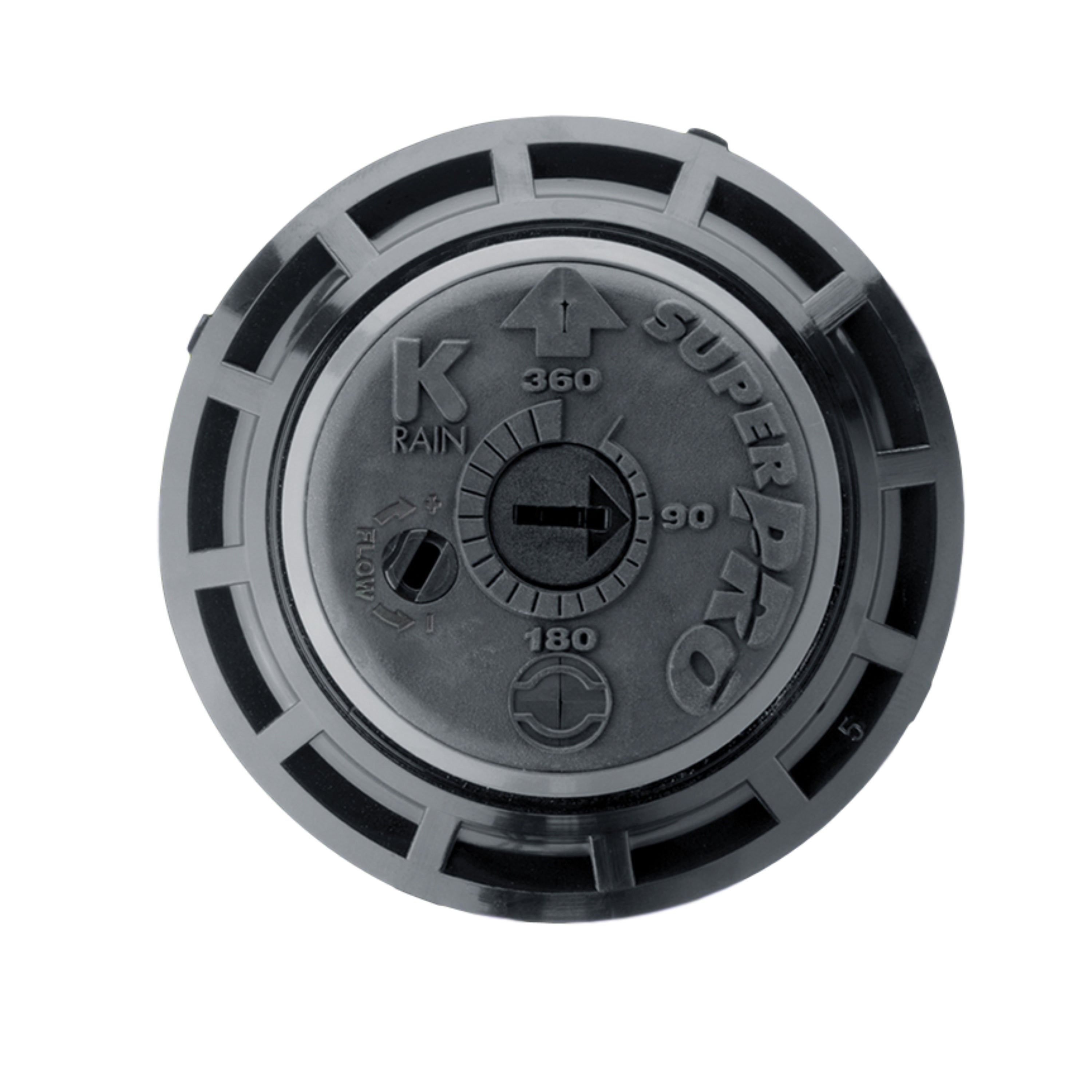 Close-up of K-Rain SuperPro 10003 nozzle turret and adjustment markings, illustrating easy arc set, rubber cover, and nozzle rack.