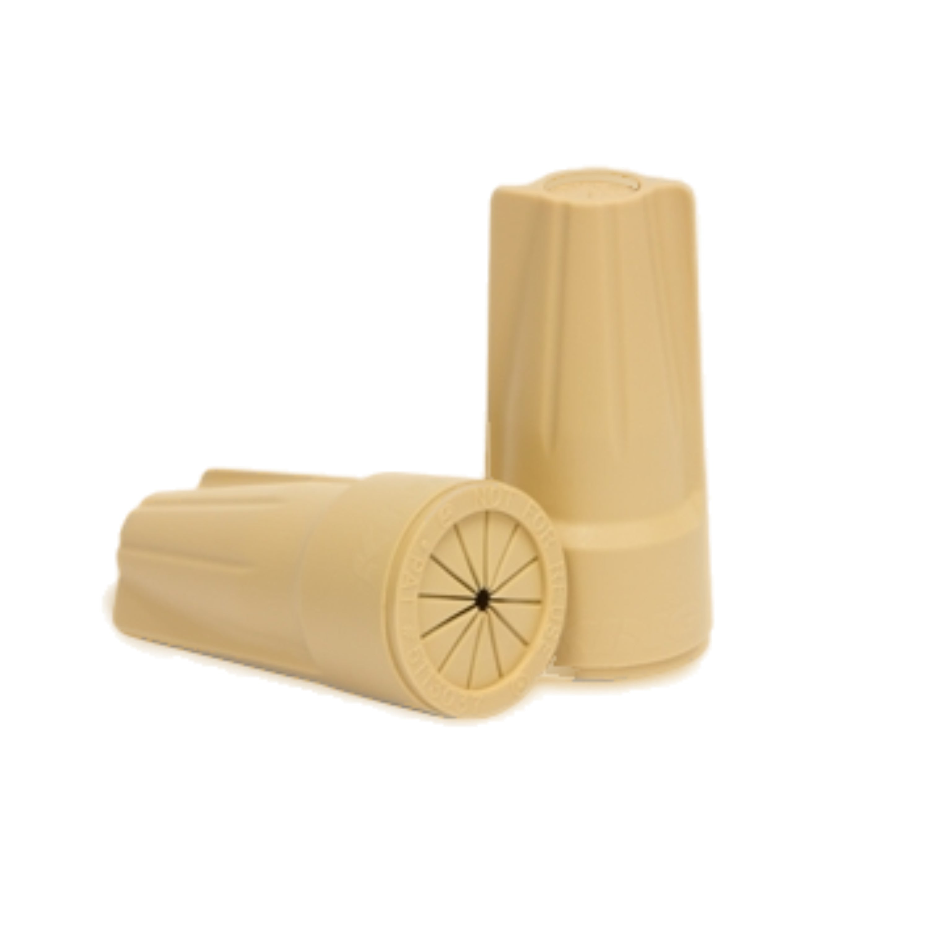 Tan (beige) King Innovation 20111 low-voltage waterproof twist-on wire connector, front view showing winged shell and exterior details for identification.