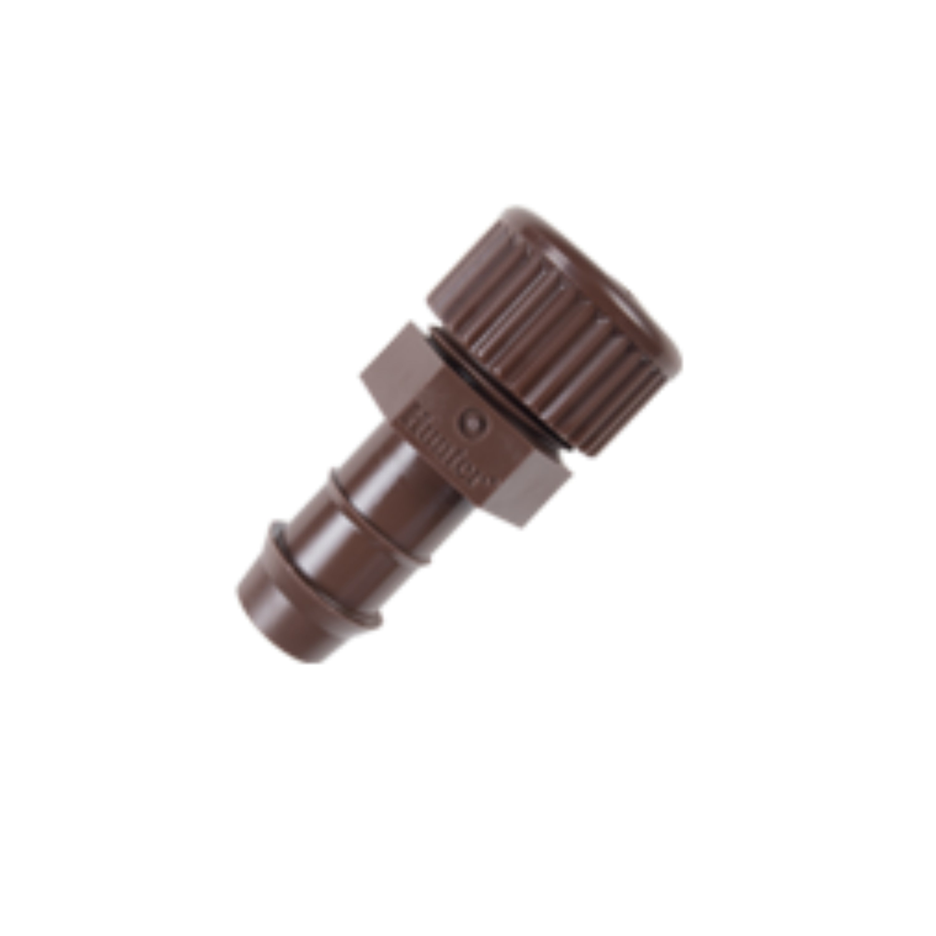 Close-up of Hunter PLDCAP showing dual 17mm barb and 1/2 in. MPT threaded end cap on white background, angled view.