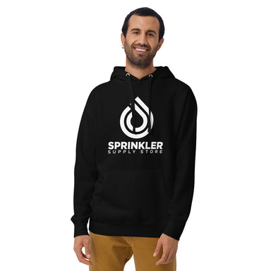 Front view of black unisex premium hoodie on white background, showing pouch pocket, three-panel hood, and matching flat drawstrings, clean finish.