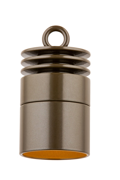 Bronze FX VE3 LED hanging down light with die-cast aluminum housing, shown from the front-right with hanging cable and canopy visible.