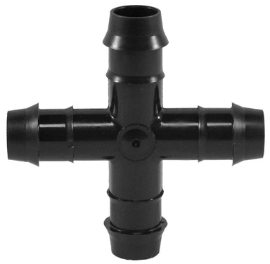 Black Rain Bird XFD-CROSS 17mm barbed cross insert fitting showing four 17mm barb connections on a white background